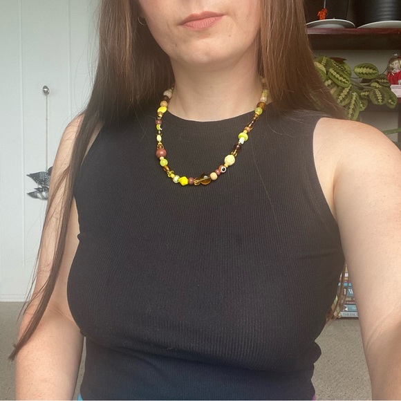 Amber Waves Brown & Yellow Beaded Necklace Mixed Beads Evil Eye Wood Glass Gold - Picture 9 of 9